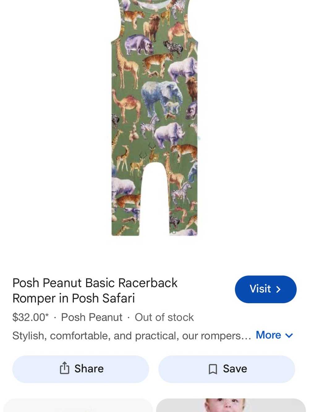 NWT Posh Peanut Bamboo Green Safari Animal-Print Romper